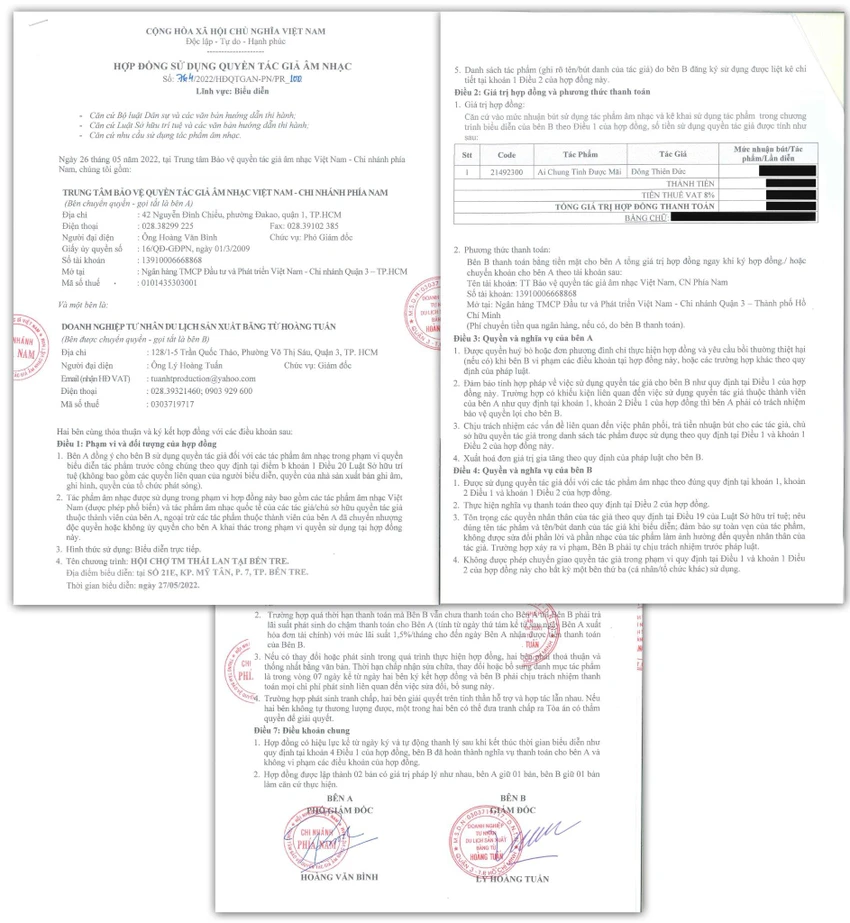 Hợp đồng sử dụng quyền tác giả âm nhạc. Ảnh: FB Đan Trường Hợp đồng sử dụng quyền tác giả âm nhạc. Ảnh: FB Đan Trường