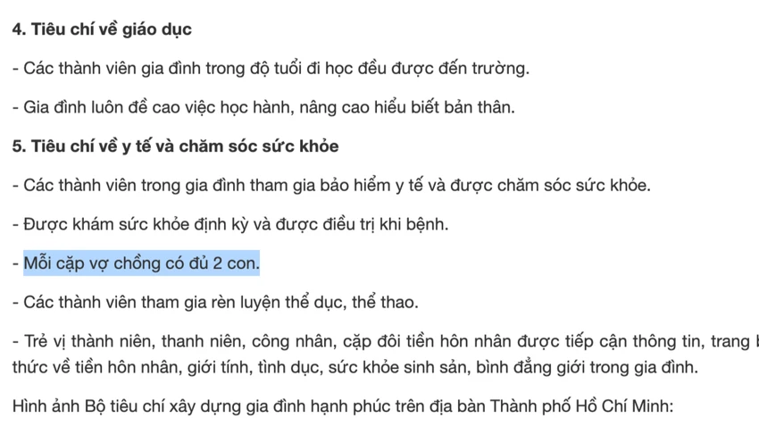 Tiêu chí "Gia đình hạnh phúc" với nội dung "Mỗi cặp vợ chồng có đủ 2 con" trên trang web Sở Văn hoá và Thể Thao TP.HCM. Ảnh chụp màn hình chiều 15-7 Tiêu chí "Gia đình hạnh phúc" với nội dung "Mỗi cặp vợ chồng có đủ 2 con" trên trang web Sở Văn hoá và Thể Thao TP.HCM. Ảnh chụp màn hình chiều 15-7