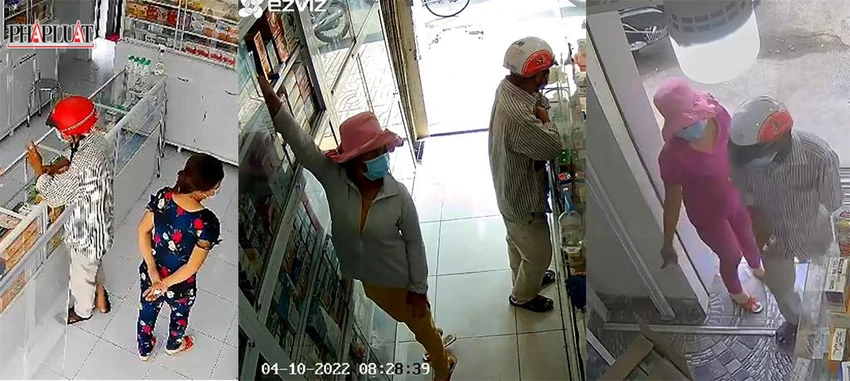 Người đàn ông và một phụ nữ đi cùng dàn cảnh trộm thuốc tại các cửa hàng được camera an ninh ghi lại. Ảnh chụp từ clip Người đàn ông và một phụ nữ đi cùng dàn cảnh trộm thuốc tại các cửa hàng được camera an ninh ghi lại. Ảnh chụp từ clip