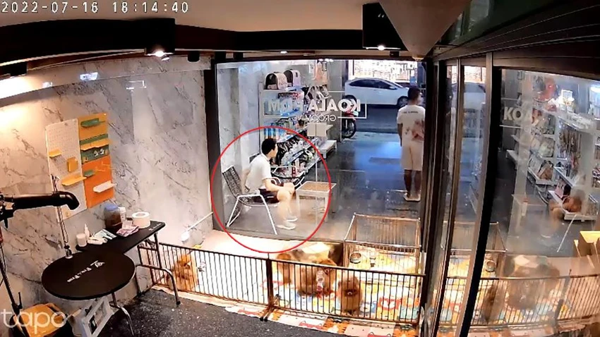Người đàn ông ngồi đè lên điện thoại rồi lấy đi. Ảnh chụp từ clip