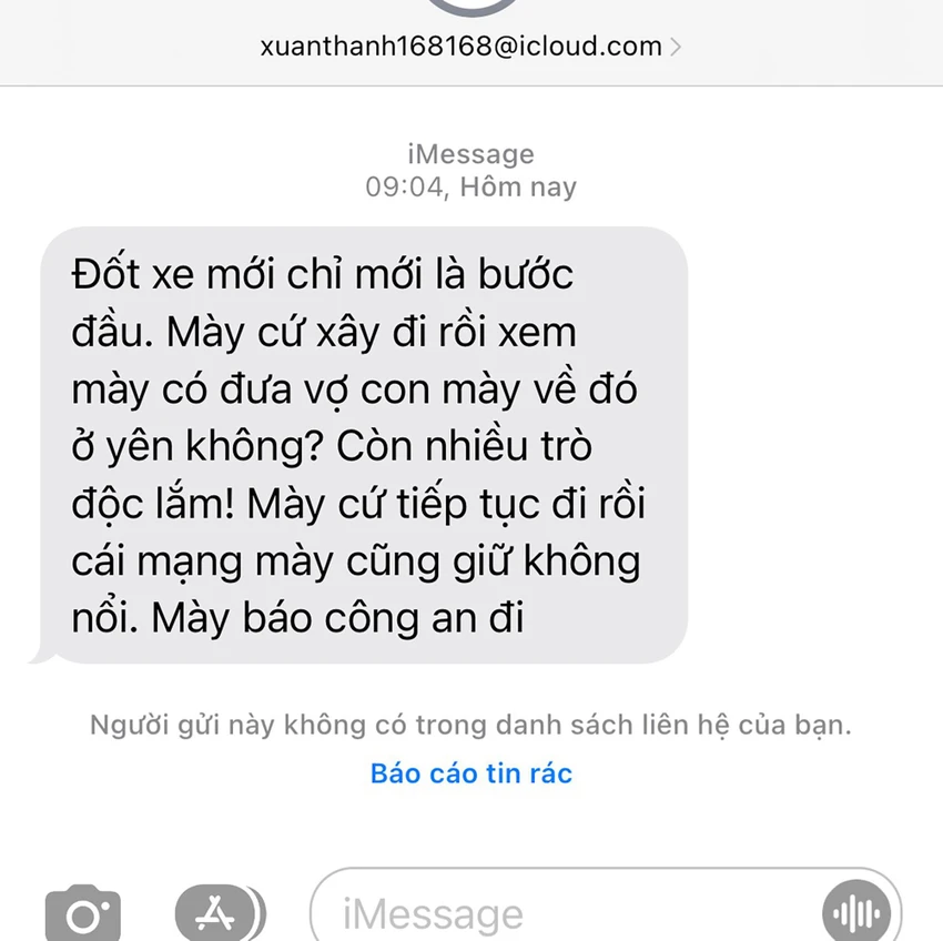 Tin nhắn dọa dẫm của một ai đó gửi cho người kinh doanh cùng chồng chị A. Ảnh: GĐCC