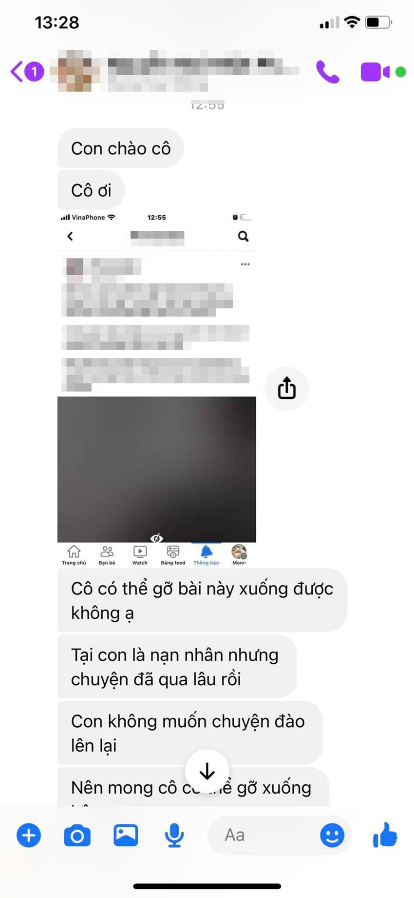 Con trai chị N sau đó đã nhắn tin cho các tài khoản mạng xã hội mong muốn được gỡ đoạn clip. Ảnh chụp màn hình