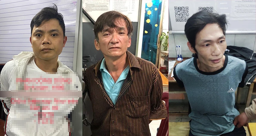 Dũng, Tân và Cường (từ trái qua) tại cơ quan điều tra. Ảnh: CA Dũng, Tân và Cường (từ trái qua) tại cơ quan điều tra. Ảnh: CA