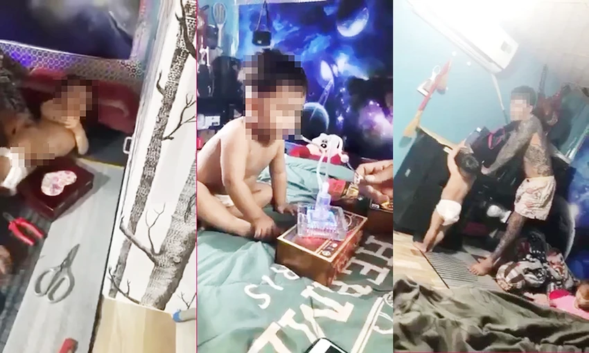 Trước đó, các đoạn clip lan truyền trên mạng xã hội về việc bé trai bị bạo hành, ép sử dụng ma túy khiến nhiều người bàng hoàng. Ảnh chụp từ clip Trước đó, các đoạn clip lan truyền trên mạng xã hội về việc bé trai bị bạo hành, ép sử dụng ma túy khiến nhiều người bàng hoàng. Ảnh chụp từ clip