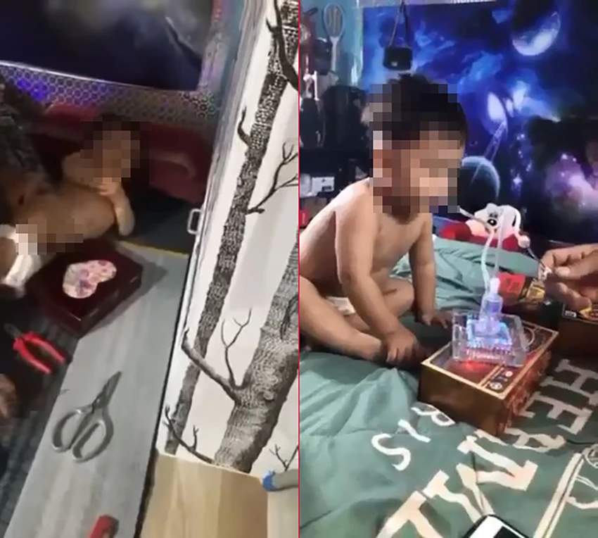 Trước đó, các clip lan truyền trên mạng xã hội về việc bé trai bị bạo hành, nghi cho sử dụng chất ma túy khiến nhiều người bàng hoàng. Ảnh: HT