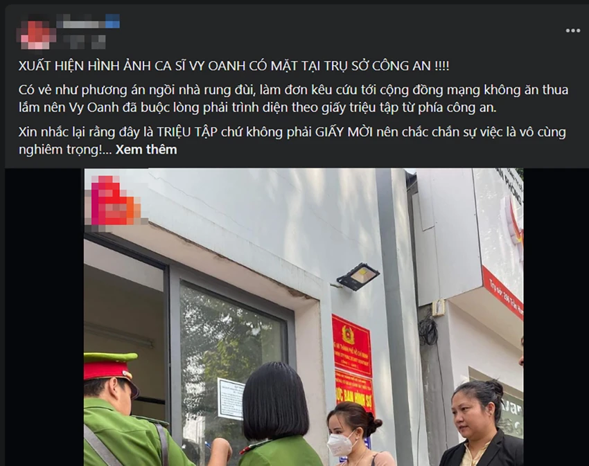 Các thông tin, hình ảnh lan truyền trên mạng xã hội về việc ca sỹ Vy Oanh lên Cơ quan CSĐT Công an TP.HCM làm việc theo giấy triệu tập. Ảnh chụp màn hình Thực hư tin Vy Oanh kêu cứu không được, phải lên Công an làm việc