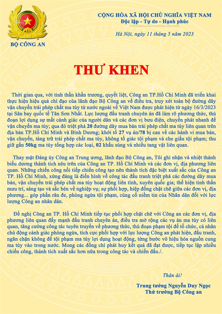 Nội dung thư khen. Ảnh: CA Nội dung thư khen. Ảnh: CA