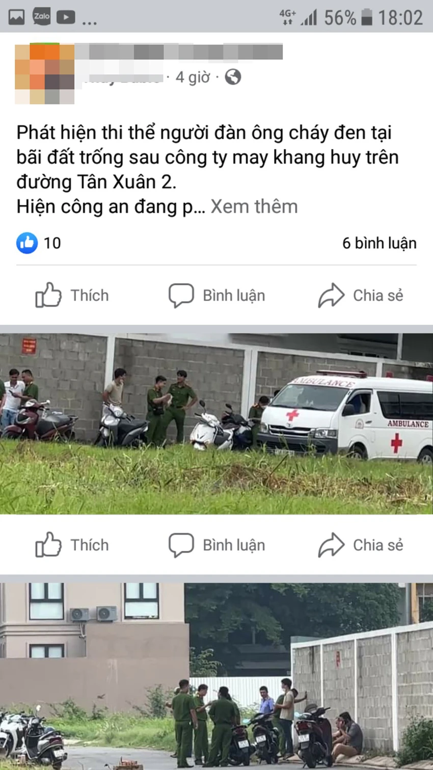 Trước đó, một tài khoản mạng xã hội đã đăng tải thông tin về việc phát hiện thi thể người đàn ông cháy đen tại bãi đất trống trên đường Tân Xuân 2, xã Tân Xuân. Ảnh chụp màn hình Trước đó, một tài khoản mạng xã hội đã đăng tải thông tin về việc phát hiện thi thể người đàn ông cháy đen tại bãi đất trống trên đường Tân Xuân 2, xã Tân Xuân. Ảnh chụp màn hình