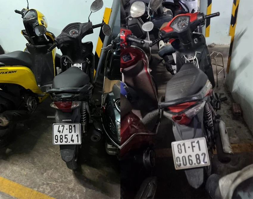 Các xe máy mà cả ba trộm và bán cho Hải được đem gửi ở hầm chung cư. Ảnh: CA Các xe máy mà cả ba trộm và bán cho Hải được đem gửi ở hầm chung cư. Ảnh: CA