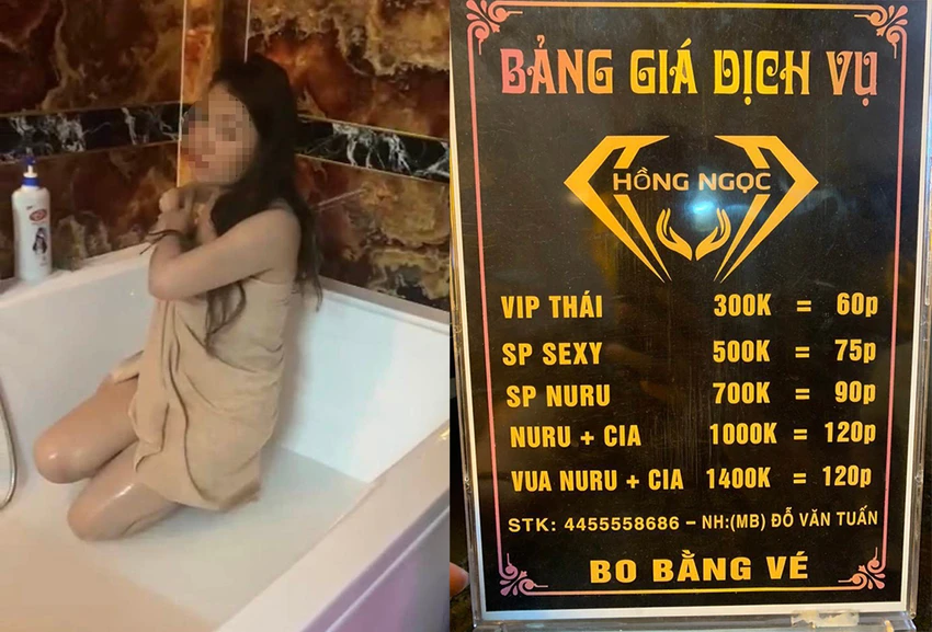 Một nhân viên bị phát hiện kích dục cho khách tại thời điểm kiểm tra và mức giá vé của cơ sở (bên phải). Ảnh: ĐC Một nhân viên bị phát hiện kích dục cho khách tại thời điểm kiểm tra và mức giá vé của cơ sở (bên phải). Ảnh: ĐC
