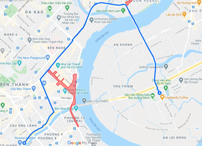 Sơ đồ hướng dẫn lộ trình di chuyển từ TP Thủ Đức đi Quận 1.
