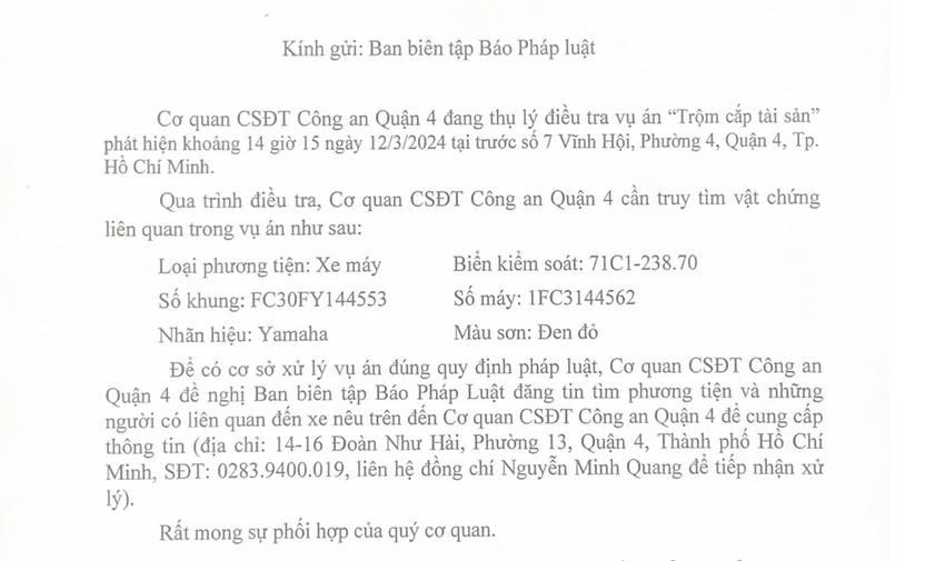 Công an quận 4 tìm người liên quan hai xe máy trong vụ án trộm cắp tài sản