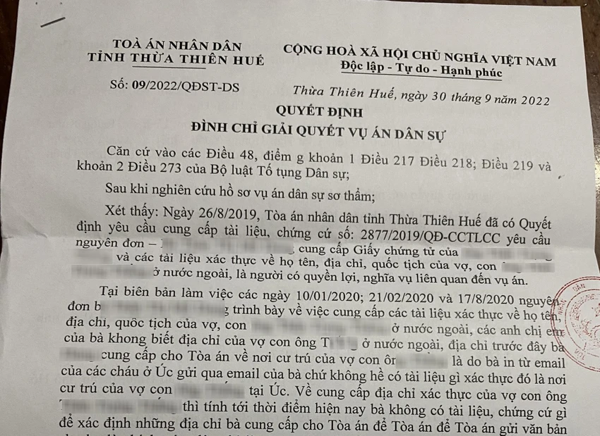 Quyết định đình chỉ vụ án của TAND tỉnh Thừa Thiên Huế. Ảnh: ĐL Quyết định đình chỉ vụ án của TAND tỉnh Thừa Thiên Huế. Ảnh: ĐL