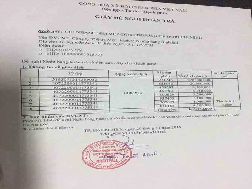 Vụ quẹt thẻ mất gần 700 triệu: Đã trả lại tiền ảnh 2 giấy tờ trả tiền