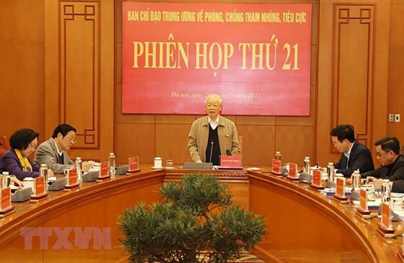 Tổng Bí thư Nguyễn Phú Trọng phát biểu kết luận Phiên họp thứ 21, Ban Chỉ đạo Trung ương về phòng, chống tham nhũng, tiêu cực. Ảnh: TTXVN