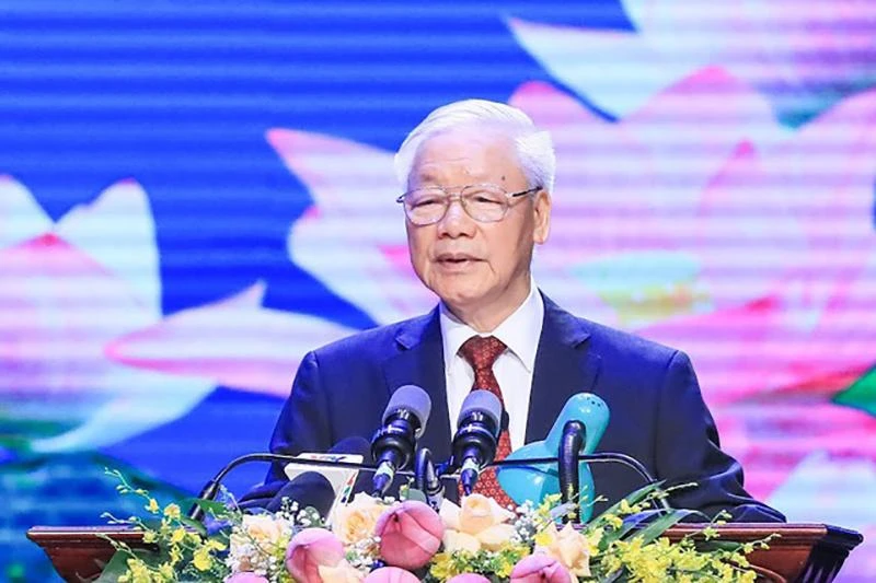 Tổng Bí thư Nguyễn Phú Trọng đọc diễn văn tại lễ kỷ niệm. Ảnh: VGP Tổng Bí thư Nguyễn Phú Trọng đọc diễn văn tại lễ kỷ niệm. Ảnh: VGP