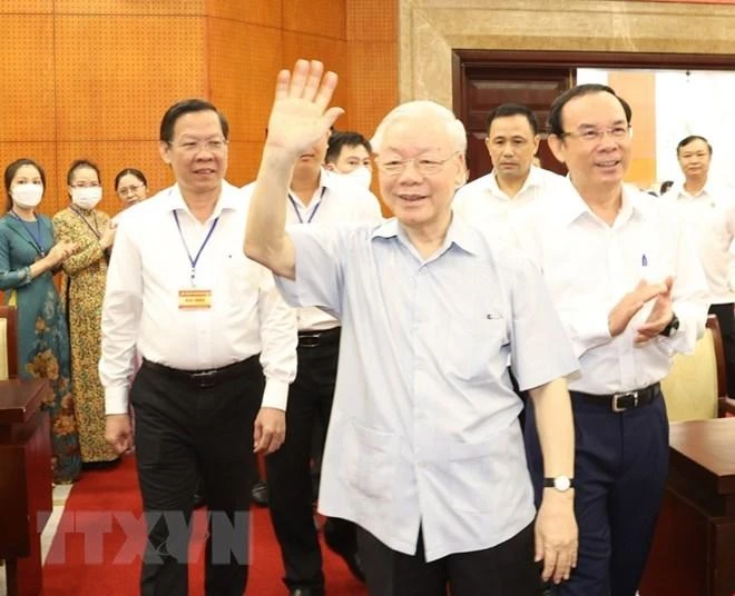 Tổng Bí thư Nguyễn Phú Trọng đến làm việc với Ban Thường vụ Thành ủy và lãnh đạo chủ chốt TP.HCM. Ảnh: TTXVN Tổng Bí thư Nguyễn Phú Trọng đến làm việc với Ban Thường vụ Thành ủy và lãnh đạo chủ chốt TP.HCM. Ảnh: TTXVN