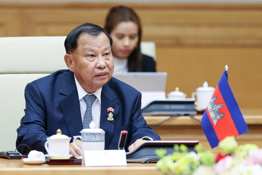 Chủ tịch Thượng viện Vương quốc Campuchia Samdech Say Chhum tại buổi hội kiến. Ảnh: VGP Chủ tịch Thượng viện Vương quốc Campuchia Samdech Say Chhum tại buổi hội kiến. Ảnh: VGP