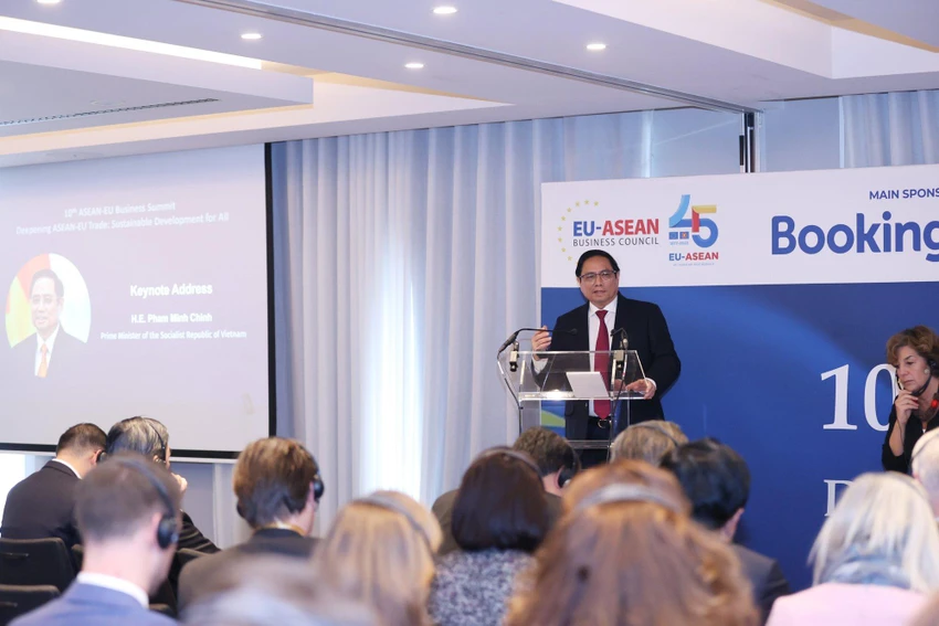 Thủ tướng Phạm Minh Chính dự và phát biểu tại Hội nghị Thượng đỉnh Kinh doanh ASEAN-EU. Ảnh: VGP Thủ tướng Phạm Minh Chính dự và phát biểu tại Hội nghị Thượng đỉnh Kinh doanh ASEAN-EU. Ảnh: VGP