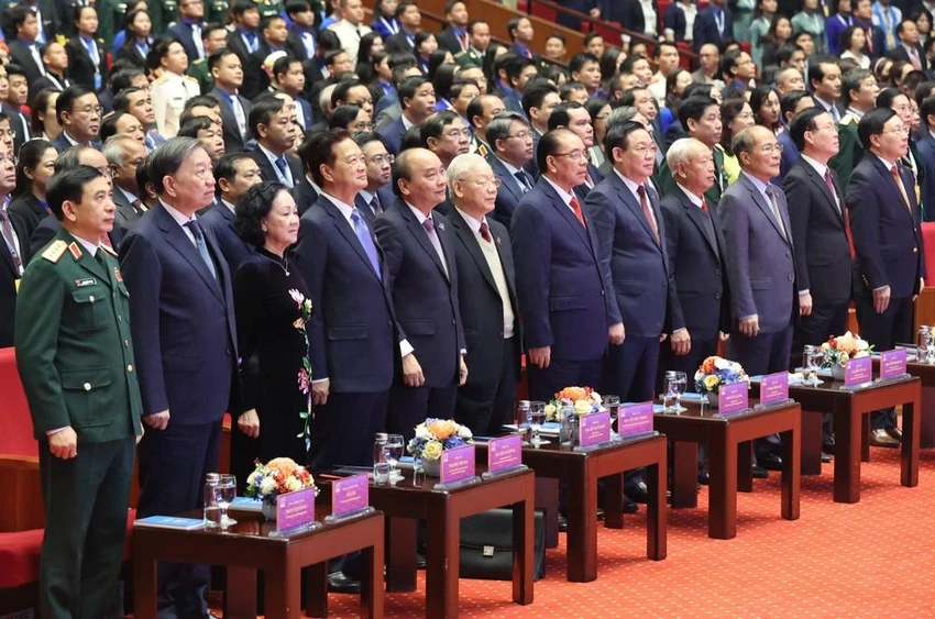 Tổng Bí thư Nguyễn Phú Trọng và các lãnh đạo, nguyên lãnh đạo Đảng, Nhà nước tham dự phiên trọng thể Đại hội đại biểu toàn quốc Đoàn TNCS Hồ Chí Minh lần thứ XII. Ảnh: VGP Tổng Bí thư Nguyễn Phú Trọng và các lãnh đạo, nguyên lãnh đạo Đảng, Nhà nước tham dự phiên trọng thể Đại hội đại biểu toàn quốc Đoàn TNCS Hồ Chí Minh lần thứ XII. Ảnh: VGP