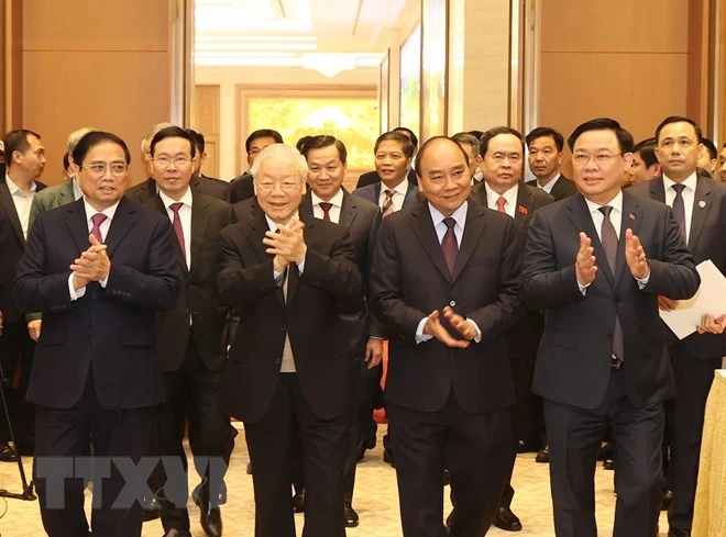 Tổng Bí thư Nguyễn Phú Trọng cùng lãnh đạo Đảng, Nhà nước tham dự hội nghị triển khai Kế hoạch phát triển kinh tế - xã hội năm 2023, ngày 3-1. Ảnh: TTXVN Tổng Bí thư Nguyễn Phú Trọng cùng lãnh đạo Đảng, Nhà nước tham dự hội nghị triển khai Kế hoạch phát triển kinh tế - xã hội năm 2023, ngày 3-1. Ảnh: TTXVN