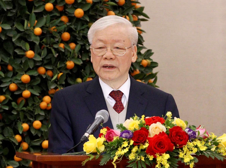 Tổng Bí thư Nguyễn Phú Trọng chúc mỗi người dân Việt Nam sang năm mới có nhiều sức khoẻ, niềm vui, hạnh phúc và thành công. Ảnh: TTXVN