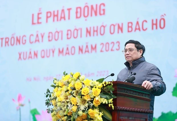 Thủ tướng Phạm Minh Chính phát động Tết trồng cây đời đời nhớ ơn Bác Hồ. Ảnh: TTXVN