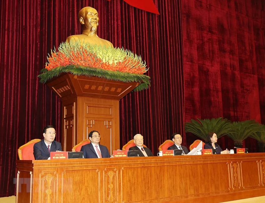 Tổng Bí thư Nguyễn Phú Trọng cùng các lãnh đạo Đảng, Nhà nước chủ trì hội nghị. Ảnh: TTXVN
