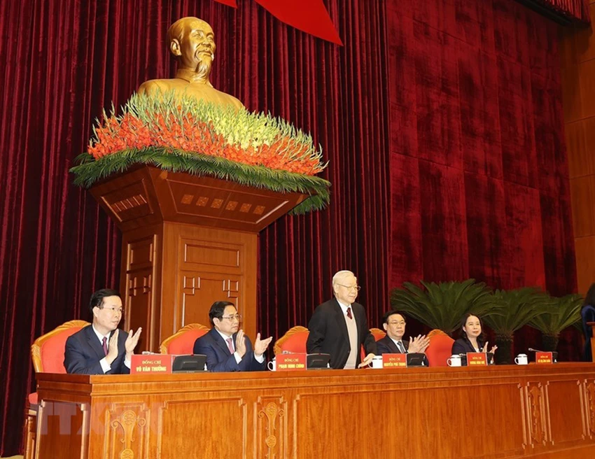 Tổng Bí thư Nguyễn Phú Trọng cùng các lãnh đạo Đảng, Nhà nước chủ trì hội nghị. Ảnh: TTXVN