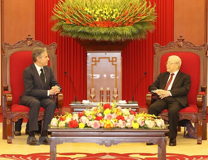 Tổng Bí thư Nguyễn Phú Trọng tiếp Ngoại trưởng Mỹ Antony Blinken. Ảnh: TTXVN