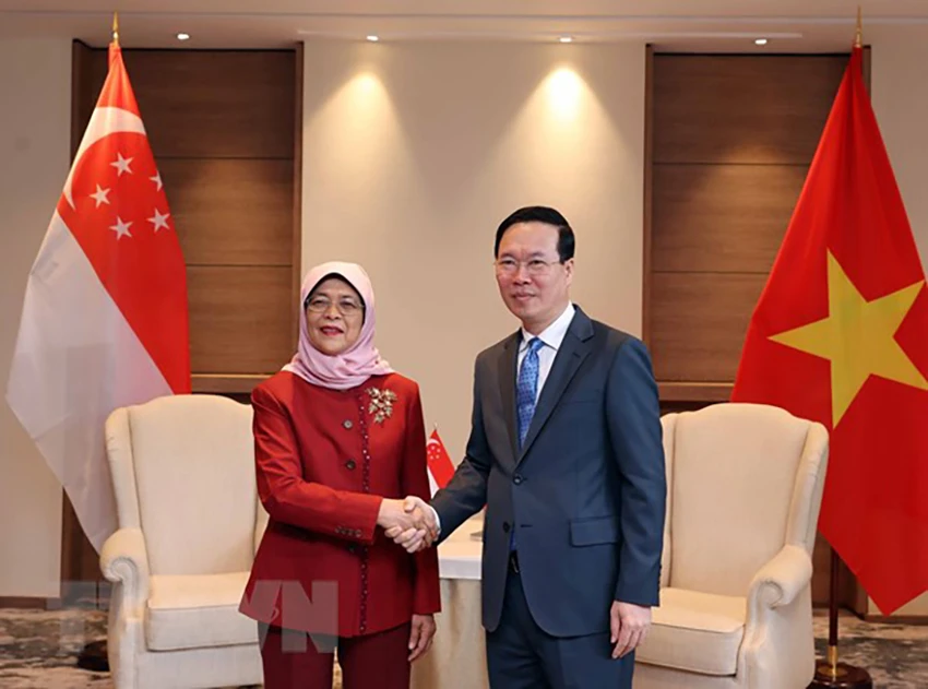 Chủ tịch nước Võ Văn Thưởng gặp Tổng thống Singapore Halimah Yacob. Ảnh: TTXVN Chủ tịch nước Võ Văn Thưởng gặp Tổng thống Singapore Halimah Yacob. Ảnh: TTXVN