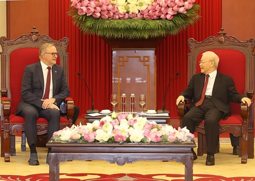 Tổng Bí thư Nguyễn Phú Trọng đánh giá cao kết quả của chuyến thăm của Thủ tướng Anthony Albanese. Ảnh: TTXVN Tổng Bí thư Nguyễn Phú Trọng đánh giá cao kết quả của chuyến thăm của Thủ tướng Anthony Albanese. Ảnh: TTXVN