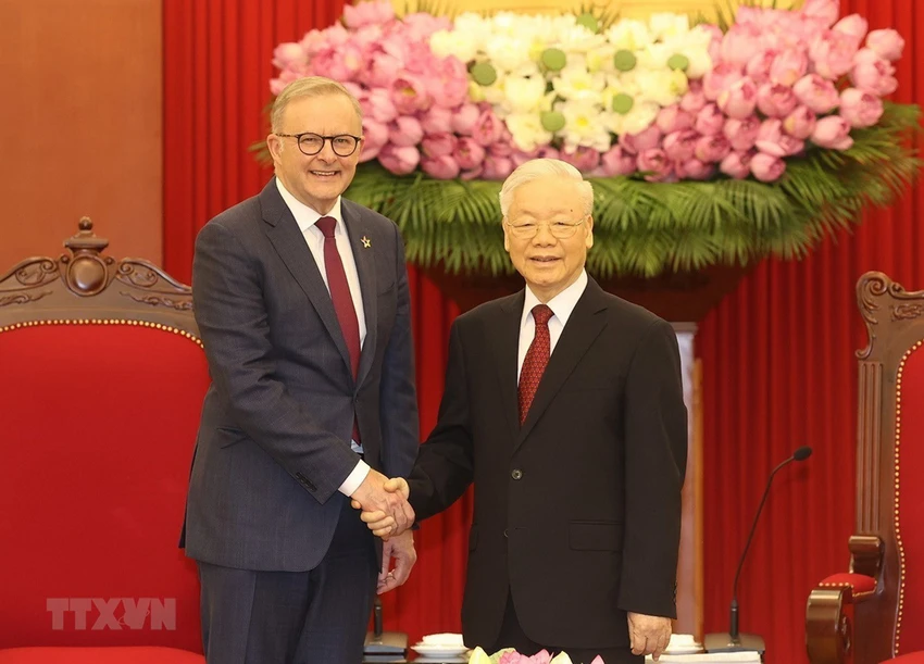 Tổng Bí thư Nguyễn Phú Trọng tiếp Thủ tướng Australia Anthony Albanese. Ảnh: TTXVN Tổng Bí thư Nguyễn Phú Trọng tiếp Thủ tướng Australia Anthony Albanese. Ảnh: TTXVN