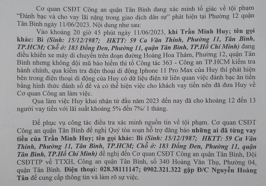 Thông báo của Cơ quan CSĐT Công an quận Tân Bình, TP.HCM. Thông báo của Cơ quan CSĐT Công an quận Tân Bình, TP.HCM.