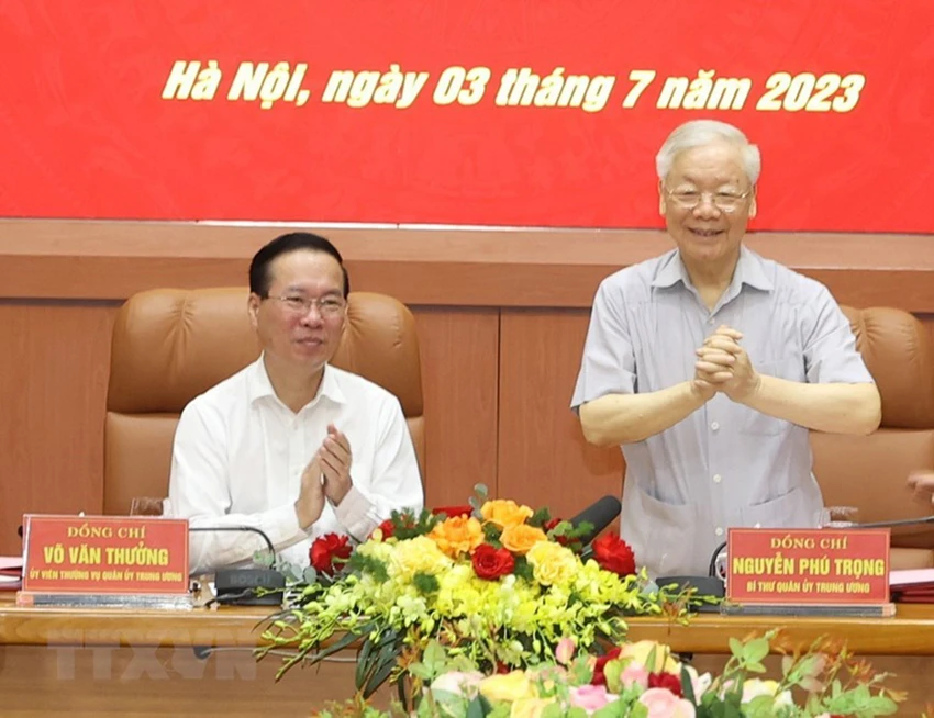 Tổng Bí thư Nguyễn Phú Trọng và Chủ tịch nước Võ Văn Thưởng dự hội nghị. Ảnh: TTXVN Tổng Bí thư Nguyễn Phú Trọng và Chủ tịch nước Võ Văn Thưởng dự hội nghị. Ảnh: TTXVN