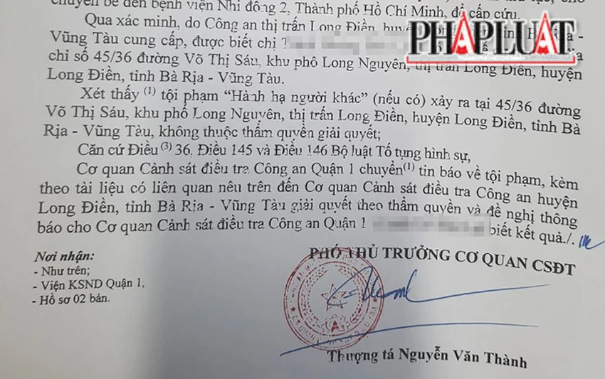 Phiếu chuyển tin báo tố giác tội phạm của Công an quận 1, TP.HCM đã đến Công an huyện Long Điền vào ngày 27-7. Ảnh T.K Phiếu chuyển tin báo tố giác tội phạm của Công an quận 1, TP.HCM đã đến Công an huyện Long Điền vào ngày 27-7. Ảnh T.K