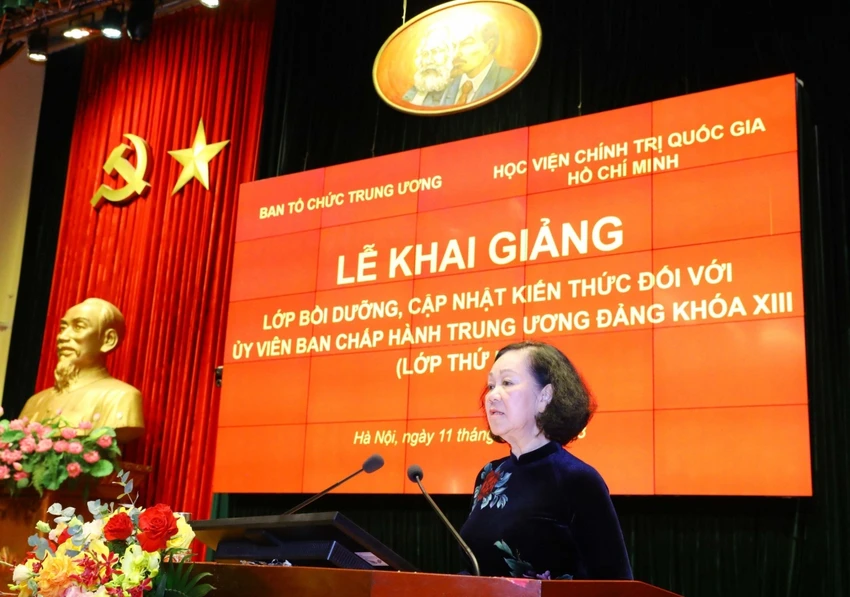 Bà Trương Thị Mai phát biểu tại lễ khai giảng. Ảnh: VOV Bà Trương Thị Mai phát biểu tại lễ khai giảng. Ảnh: VOV