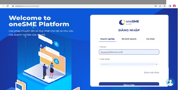 Bước 4: Khách hàng sử dụng tài khoản bao gồm email và mật khẩu đã đặt để thực hiện Đăng nhập vào oneSME và mua các sản phẩm dịch vụ VT-CNTT theo nhu cầu. Bước 4: Khách hàng sử dụng tài khoản bao gồm email và mật khẩu đã đặt để thực hiện Đăng nhập vào oneSME và mua các sản phẩm dịch vụ VT-CNTT theo nhu cầu.