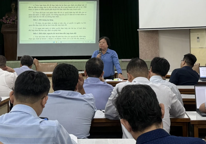 Các đại biểu góp ý dự thảo quyết định quy định về tách thửa đất, hợp thửa đất và diện tích tối thiểu trên địa bàn TP.HCM. Ảnh: NC tách thửa 4.jpg