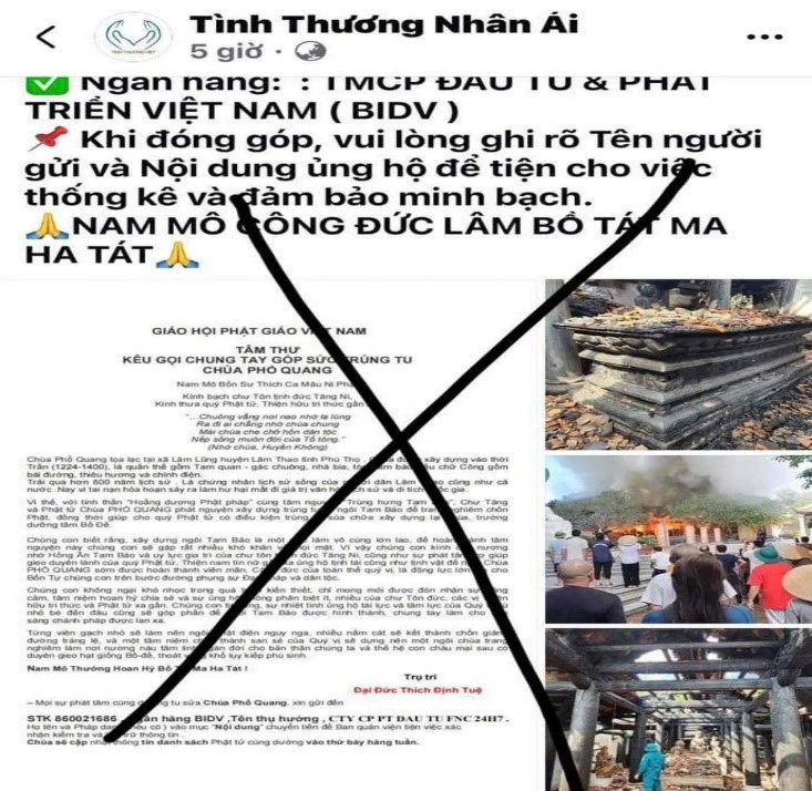Xuất hiện Facebook giả mạo kêu gọi quyên góp, ủng hộ chùa Phổ Quang.jpeg