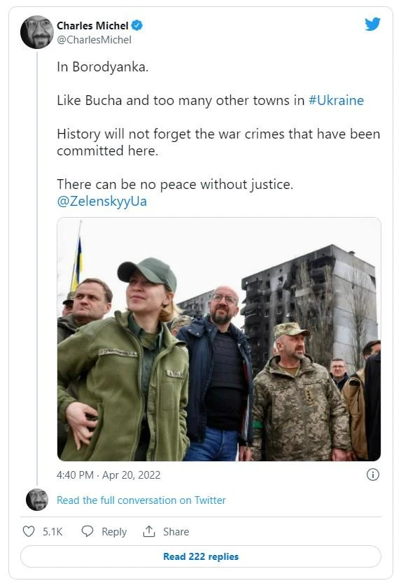 Chủ tịch Hội đồng châu Âu Charles Michel có chuyến thăm Borodianka, TP Kiev, Ukraine hôm 20-4. Ảnh: TWITTER Chủ tịch Hội đồng châu Âu Charles Michel có chuyến thăm Borodianka, TP Kiev, Ukraine hôm 20-4. Ảnh: TWITTER