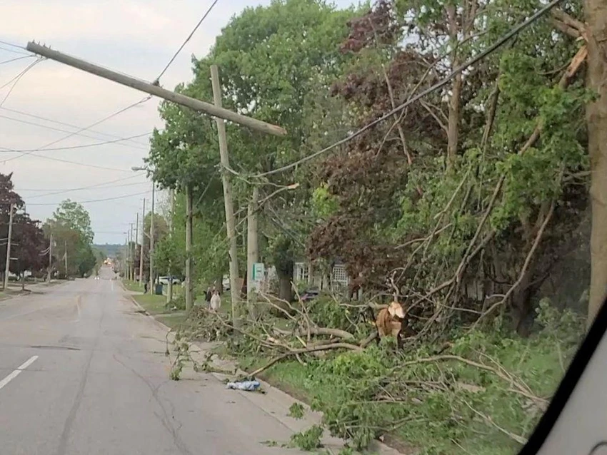 Nhiều cột điện và cây cối bị bật gốc sau cơn bão ở tỉnh Ontario, Canada vào ngày 21-5. Ảnh: REUTERS