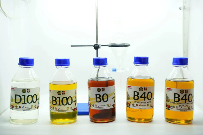 Các loại nhiên liệu mẫu khác nhau được sử dụng trong thử nghiệm hỗn hợp dầu diesel sinh học pha với dầu cọ ở Indonesia. Ảnh: BLOOMBERG