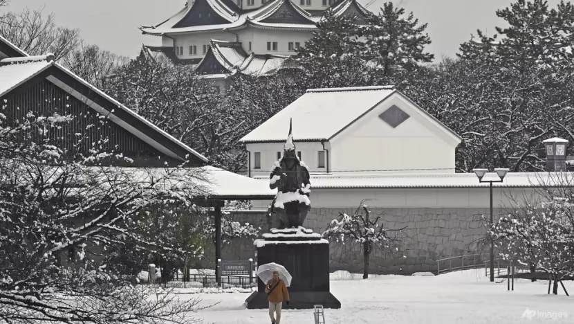 Lâu đài Nagoya ở tỉnh Aichi, miền trung nước Nhật, phủ đầy tuyết vào ngày 24-12. Ảnh: AP Lâu đài Nagoya ở tỉnh Aichi, miền trung nước Nhật, phủ đầy tuyết vào ngày 24-12. Ảnh: AP
