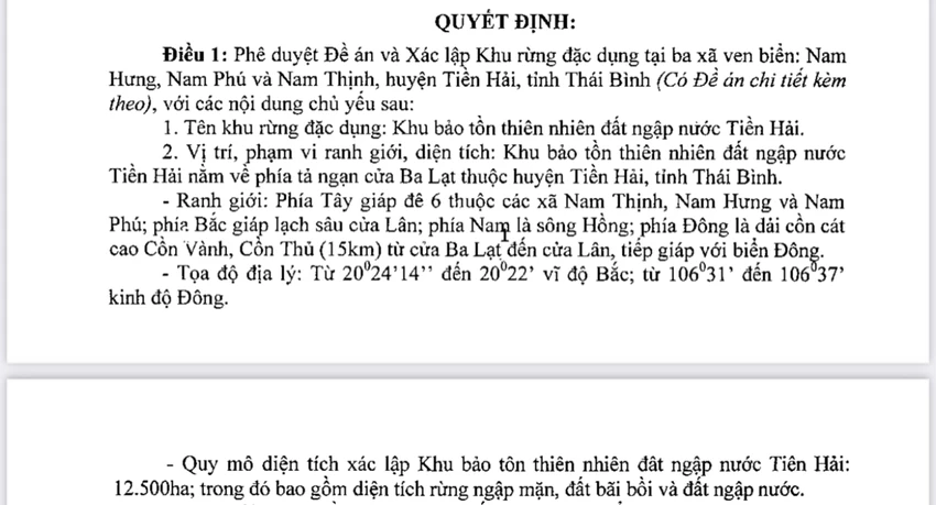 Theo lời văn Quyết định 2159 của tỉnh Thái Bình, đề án được phê duyệt là về "khu rừng đặc dụng", nhưng tên gọi vẫn kế thừa dự án năm 1995 của Bộ Lâm nghiệp trước đây, là "Khu Bảo tồn thiên nhiên đất ngập nước". Vị trí, phạm vi ranh giới, diện tích cũng kế thừa theo cách dùng cả ranh giới theo các địa danh hành chính và tọa độ địa lý. Theo lời văn Quyết định 2159 của tỉnh Thái Bình, đề án được phê duyệt là về "khu rừng đặc dụng", nhưng tên gọi vẫn kế thừa dự án năm 1995 của Bộ Lâm nghiệp trước đây, là "Khu Bảo tồn thiên nhiên đất ngập nước". Vị trí, phạm vi ranh giới, diện tích cũng kế thừa theo cách dùng cả ranh giới theo các địa danh hành chính và tọa độ địa lý.