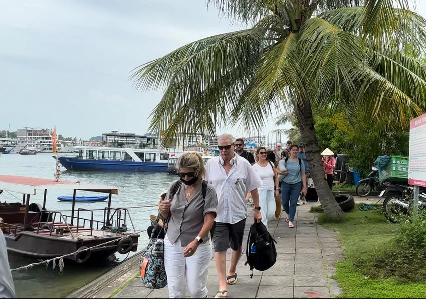 Du khách nước ngoài lên tàu để tham quan vịnh Hạ Long. Ảnh: Ngọc Sơn
