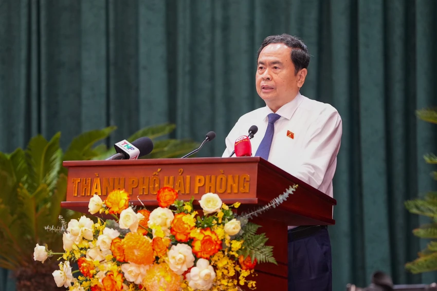 Chủ tịch Quốc hội Trần Thanh Mẫn phát biểu tại khai mạc kỳ họp 18 HĐND TP Hải Phòng. Ảnh: ĐT