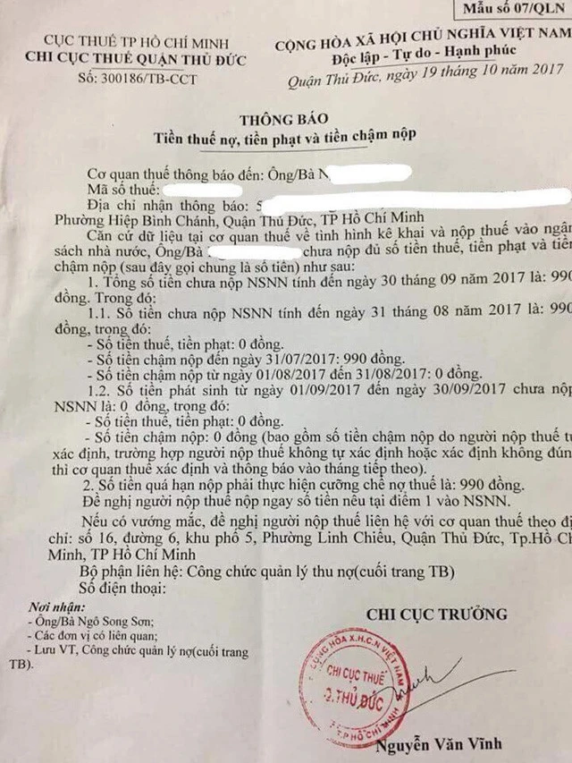 Xin lỗi vì phạt một cá nhân nợ thuế... 990 đồng ảnh 1 Xin lỗi vì phạt một cá nhân nợ thuế... 990 đồng ảnh 1