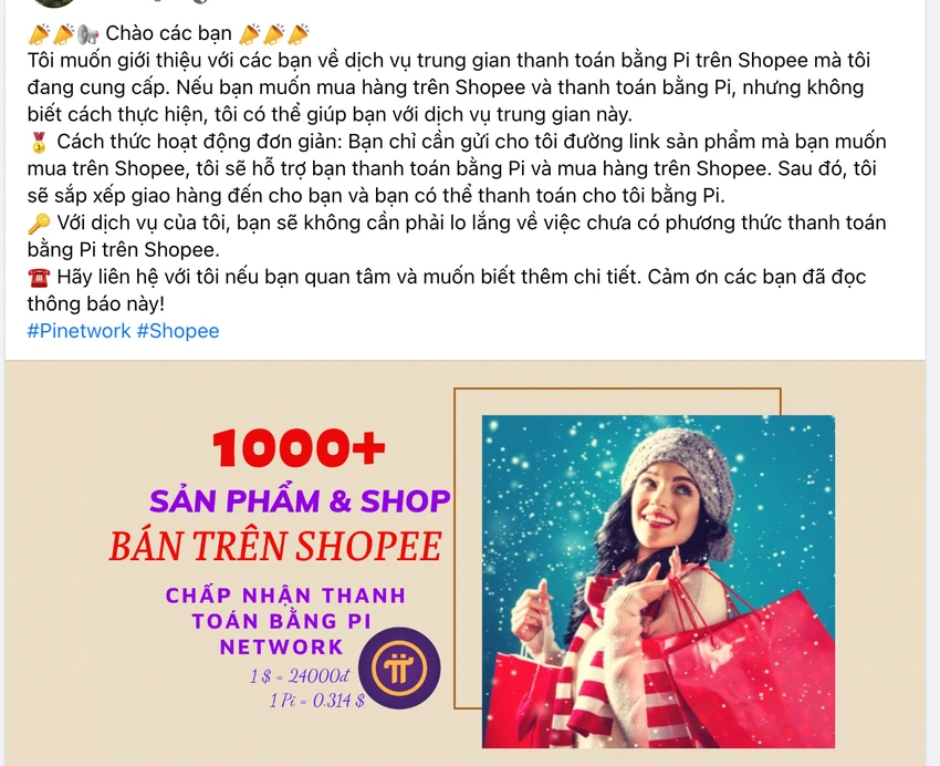 Một bài đăng công khai trên mạng xã hội Facebook về dịch vụ trung gian thanh toán bằng Pi trên Shopee. Ảnh: T. H Một bài đăng công khai trên mạng xã hội Facebook về dịch vụ trung gian thanh toán bằng Pi trên Shopee. Ảnh: T. H