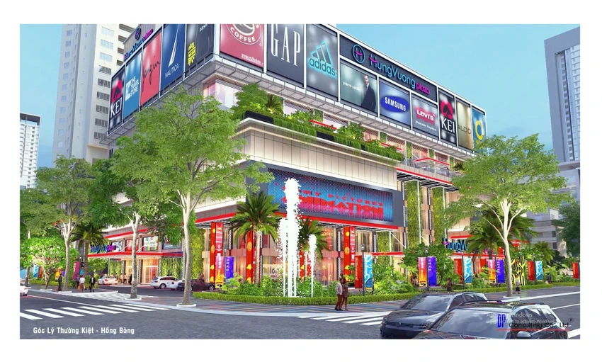 Phối cảnh của một trong 4 mặt tiền của trung tâm thương mại Hùng Vương Plaza . Ảnh: Kido Phối cảnh của một trong 4 mặt tiền của trung tâm thương mại Hùng Vương Plaza . Ảnh: Kido